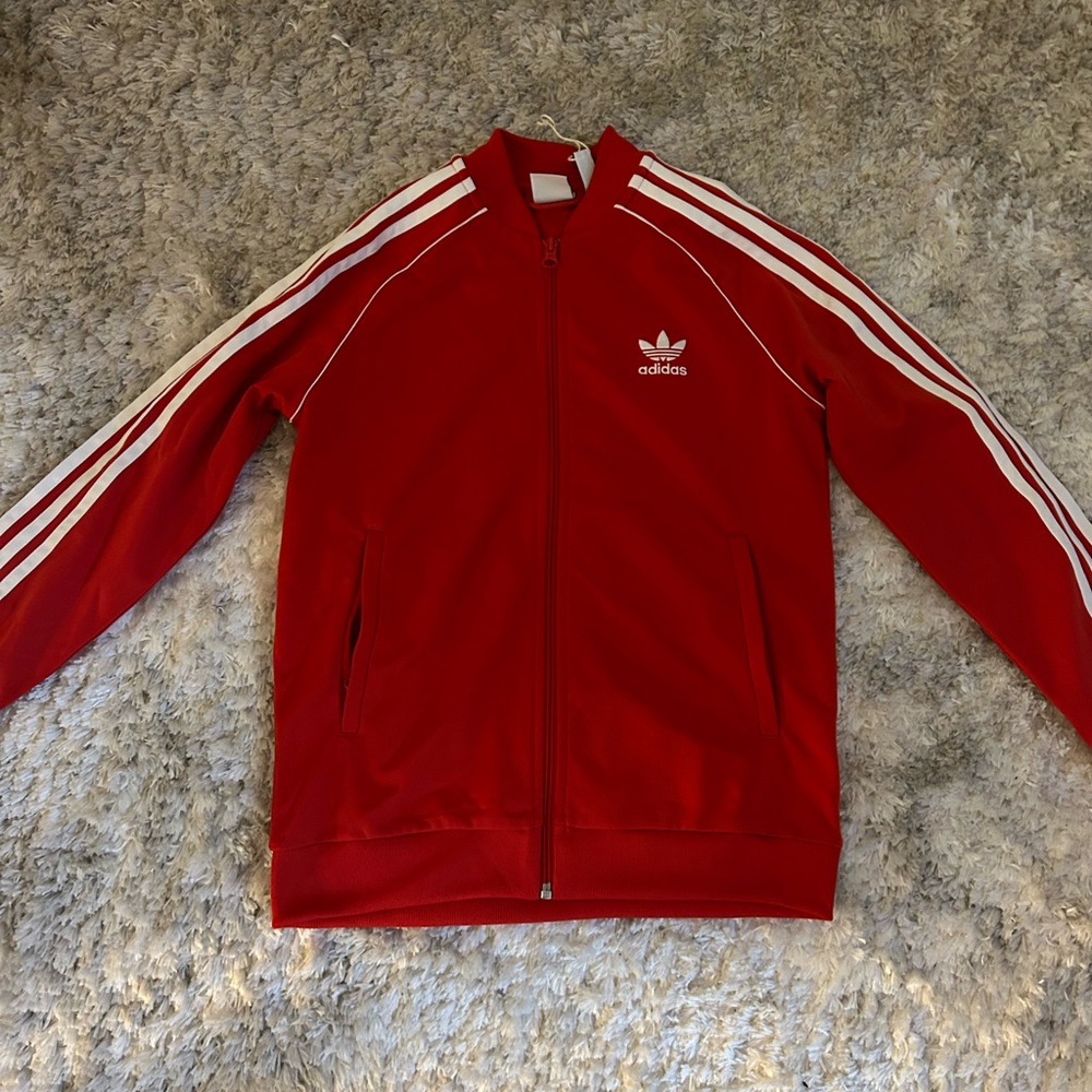 Adidas Men's Red Bomber Jacket with White Stripes
